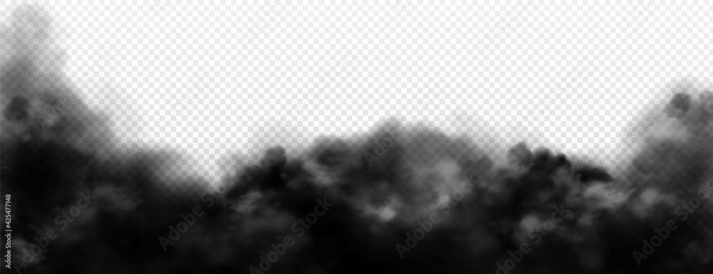 Poster Black smoke clouds, dirty toxic fog or smog. Vector realistic illustration of dark steam, smoky mist from fire, explosion, burning carbon or coal. Black fume texture isolated on transparent background