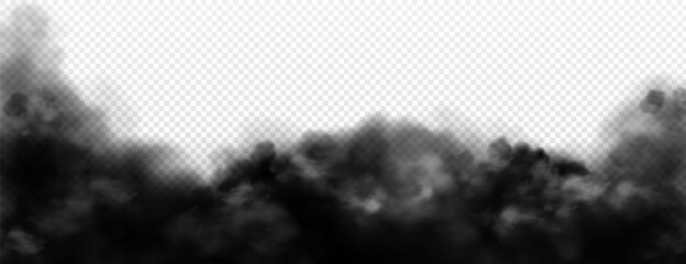 Black smoke clouds, dirty toxic fog or smog. Vector realistic illustration of dark steam, smoky mist from fire, explosion, burning carbon or coal. Black fume texture isolated on transparent background © klyaksun