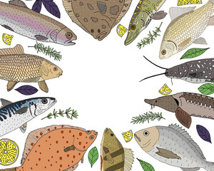 Template for cafe, restaurant, market and shop. River and sea fish with lemon and greenery hand drawn, frame. Vector illustration.