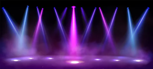 Selbstklebende Fototapeten Licht, Schatten Stage lights, spotlight beams with smoke on black background, glowing studio or theater scene lamp rays, purple illumination on floor and ceiling for concert or show presentation, Realistic 3d vector  © klyaksun