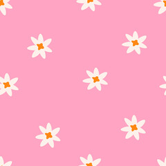 vector seamless pattern with simple white flowers on a pink background. floral print for fabric, clothing, wrapping paper 