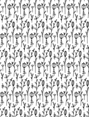 Seamless pattern with black contours doodle tulips on a white background. Spring floral monochrome texture. Simple natural wallpaper with branches