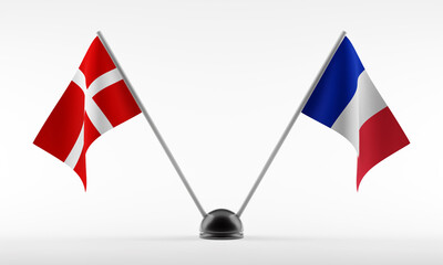 Stand with two national flags. Flags of Denmark and France. Isolated on a white background. 3d rendering