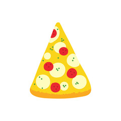 Pizza slice with pepperoni and mozzarella vector cartoon style illustration, icon for fast food design.
