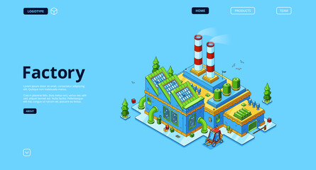 Factory banner. Modern industry building, power station or manufactory. Vector landing page with isometric production plant exterior with chimney pipes, warehouse and forklift