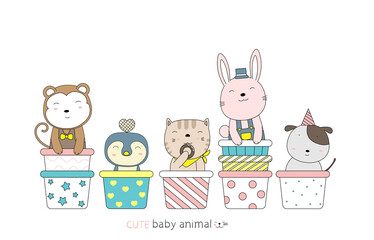 Cartoon sketch the cute baby animal on the cupcake. Hand-drawn style.
