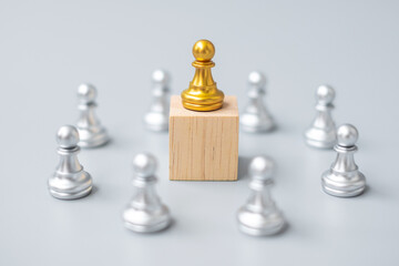 golden chess pawn pieces or leader  businessman with circle of silver men. victory, leadership, business success, team, and teamwork concept