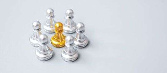 golden chess pawn pieces or leader  leader businessman with circle of silver men. leadership,...