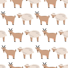 Seamless pattern with cute with white fluffy sheep and goats. Background with farm animals. Wallpaper, packaging. Flat vector illustration