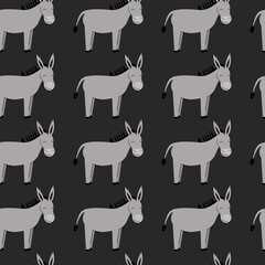 Seamless pattern with cute gray donkeys. Background with farm animals. Wallpaper, packaging. Flat vector illustration