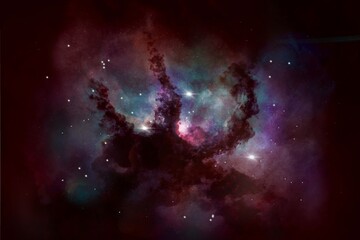 Nebula bright stars in outer space and an interstellar cloud of dust.
