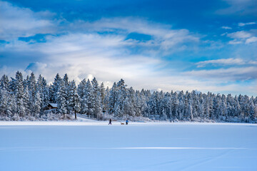 Cross country skiers with dog on a newly frozen Lake Lillian near Invermere, BC, Canada