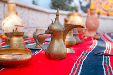 household utensils. Antique objects. Palestinian heritage, Traditional old Arabic coffee pot, Ancient pottery. Qalqilya city. west bank, Palestine, April 4, 2021