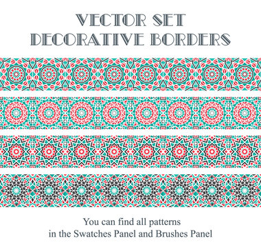 Vector set of turquoise geometric mosaic borders. Design elements and page decorations