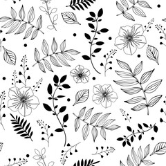 Floral black and white background. Vector design. Wallpaper, background, textiles.