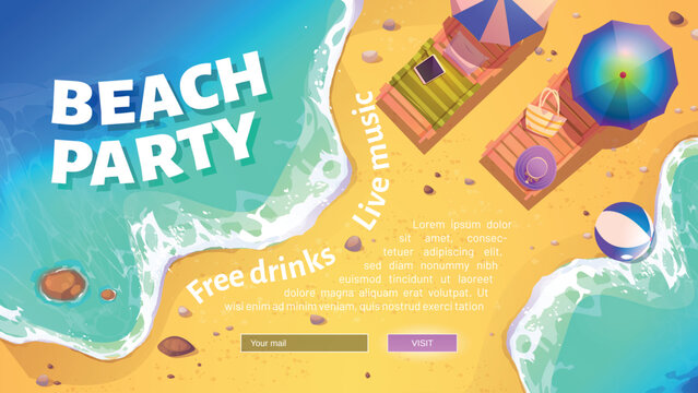 Beach party banner with summer sea shore with sunbeds and umbrellas. Vector website template with cartoon illustration of sand ocean beach with inflatable ball in water and deck chairs
