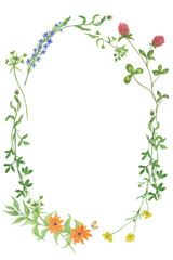Watercolor painting  wildflowers frame, wreath with space for text isolated on white