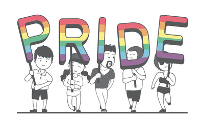 Pride day, LGBT caravan and festival in flat design characters, cute cartoon