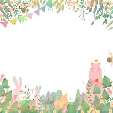 北欧風かわいい森の動物と不思議なオシャレフレームイラスト植物の Stock Illustration Adobe Stock