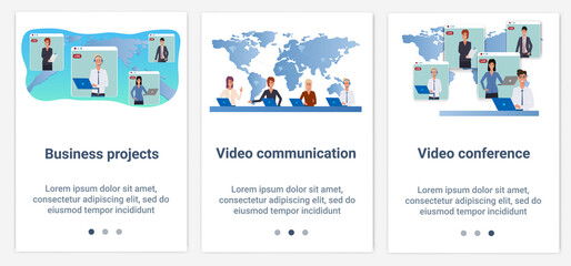 Modern flat illustrations in the form of a slider for web design. A set of UI and UX interfaces for the user interface.Business project, video communication.