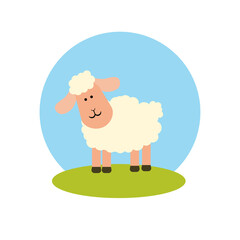 A sheep on the lawn against the sky in a flat style. Icon on a white isolated background. Vector illustration