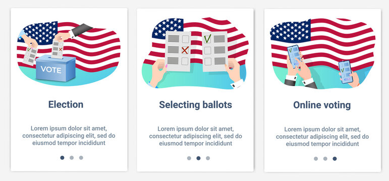 Modern flat illustrations in the form of a slider for web design. A set of UI and UX interfaces for the user interface.Elections and online voting.