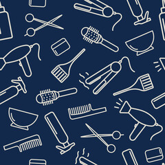Professional hairdressing tools of the barber shop salon. Seamless vector pattern. Icons haircut, Perm, coloring, straightening hair. White outline on a blue background. Design for banners, printing