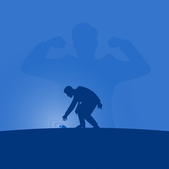 businessman puts the bulb on the ground with strong man on blue gradient shade background illustration vector. Business motivation concept.