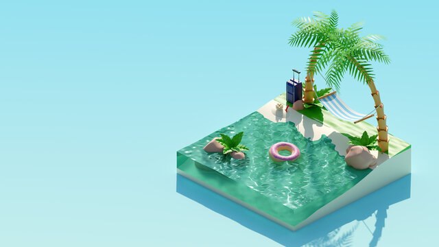 Beach scene 3d render elements on the blue background. 3d isometric rendering.