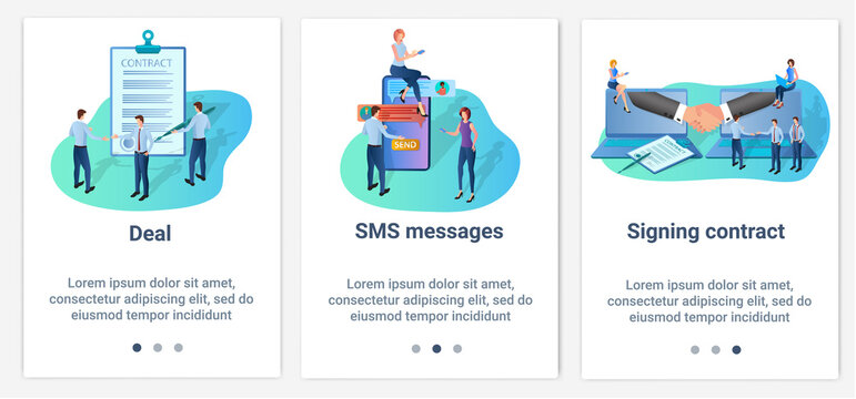 Modern flat illustrations in the form of a slider for web design. A set of UI and UX interfaces for the user interface.Transaction,CMC message, and contract signing.