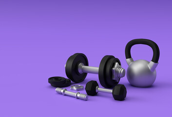 Fototapeta na wymiar 3d Render Dumbbells Set, Realistic Detailed Close Up View Isolated Sport Element of Fitness Dumbbell Design.