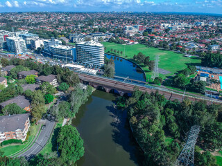 Panoramic Aerial Drone view of Cooks River in Western Suburban Sydney NSW Australia