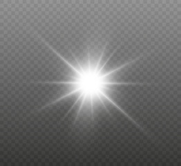 White glowing light explodes on a transparent background. Bright Star. Transparent shining sun, bright flash. Vector graphics.