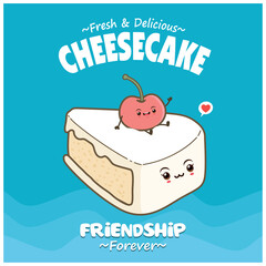 Vintage food poster design with cheesecake and cherry character.