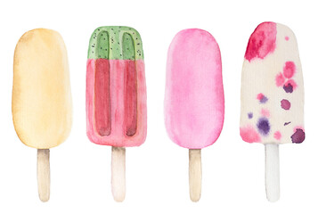 Watercolor drawing ice creams on white background. Cold dessert with watermelon. Fruit pink popsicle with berry. Yellow vanilla sundae.