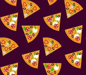Spring seamless geometric pattern with the image of pizza, vegetables, food. Vector design for web banner, business presentation, brand package, fabric, print, wallpaper, postcard.