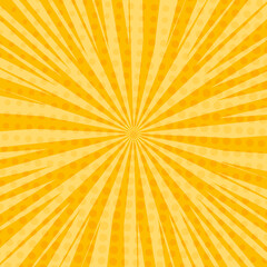 Pop art radial colorful comics book magazine cover. Striped orange digital background. Cartoon funny retro pattern strip mock up. Vector halftone illustration. Sunburst, starburst shape