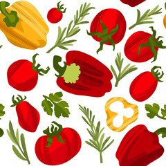 Organic farmer vegetables pattern, tomatoes, pepper, coriander leaves and rosemary.