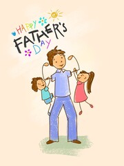 Happy father's day. Dad holding his son and daughter. Illustration