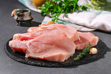 Raw pork loin. Pork meat on a gray background. Closeup.