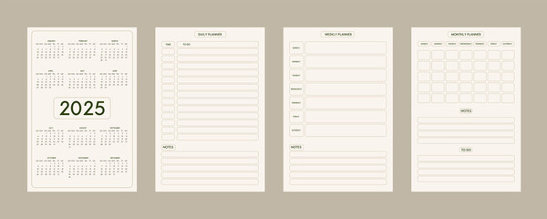 2025 calendar daily weekly monthly personal planner diary template minimalist trendy style, pastel beige olive natural color palette. Week starts on sunday