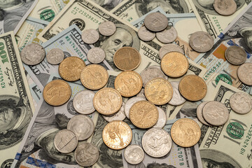us dollars and coins for currency exchange as background
