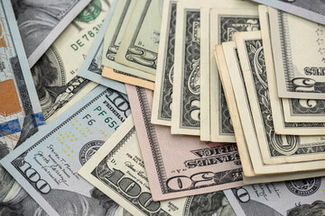 Close up view of money stack of 100 US dollars banknotes