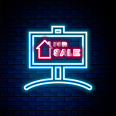 Glowing neon line Hanging sign with text For Sale icon isolated on brick wall background. Signboard with text For Sale. Colorful outline concept. Vector