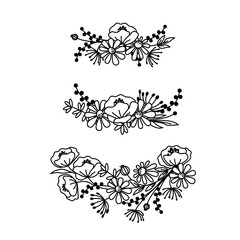 Hand drawn wildflowers wreaths. Black and white doodle wild flowers and grass plants. Monochrome floral elements.