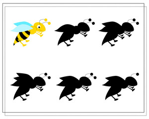 a puzzle game for preschool children. find the right shadow. Cartoon bee, wasp. Silhouette. Vector illustration isolated on a white background