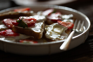 Healthy food breakfast strawberry toast with butter cream