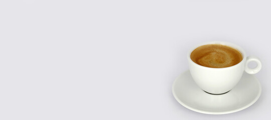 Cup of coffee, side view, isolated on gray background, free space for your text