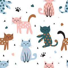 Childish seamless pattern with cute cat. Creative texture for fabric, textile