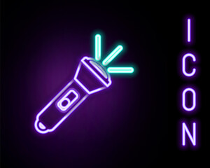 Glowing neon line Flashlight icon isolated on black background. Colorful outline concept. Vector